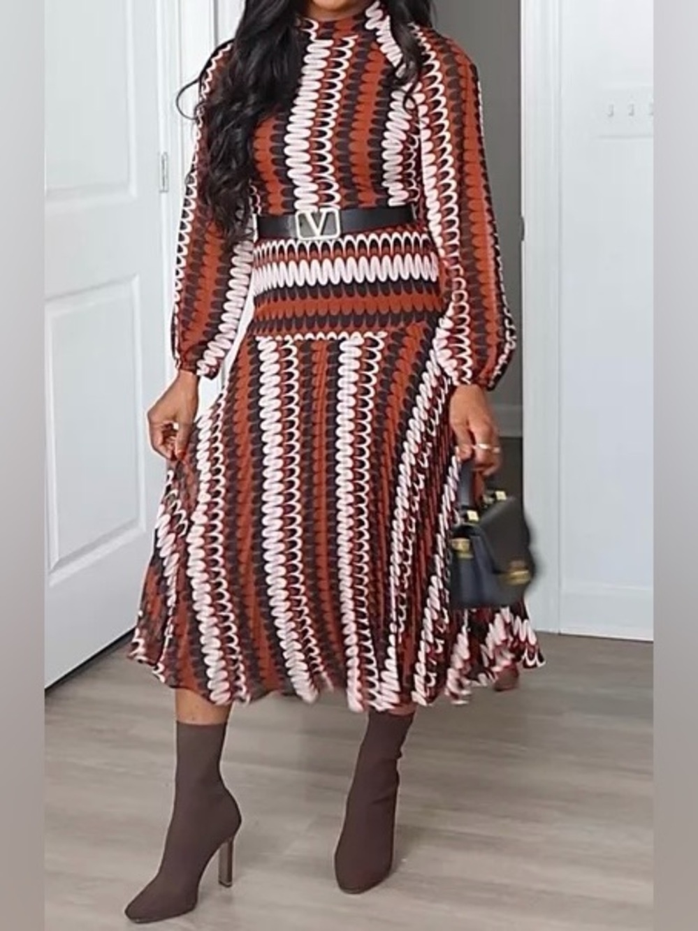 Melonie T Midi Dress in Rust, White & Black